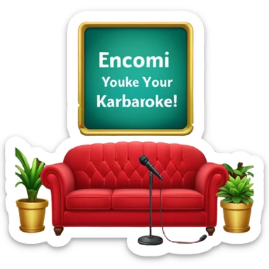 red velvet couch, stand microphone, houseplants, karaoke sign sticker