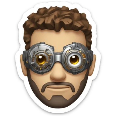 male cyborg head with brown short hair, brown beard, silver steampunk goggles and circuits sticker