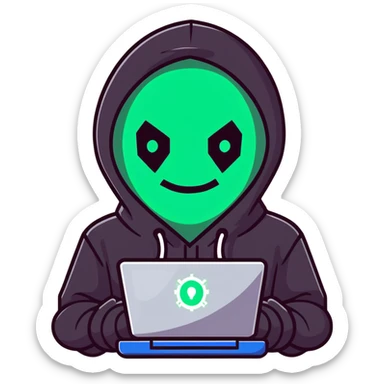 Menacing robot hacker in dark hoodie with glowing screens, digital circuits, malicious smile sticker