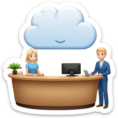 A thinking person with a thought cloud showing a modern hotel reception sticker