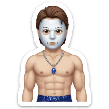 Michael Myers with white mask with brown hair, indigo sequin baggy pants, shirtless with necklace sticker