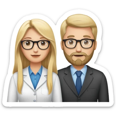 A group of 4 marketing team members. 2 women (1 with long blonde hair and 1 with brown hair with bangs) and 2 men (1 tall with glasses and beard and 1 normal height also with glasses and big smile) sticker