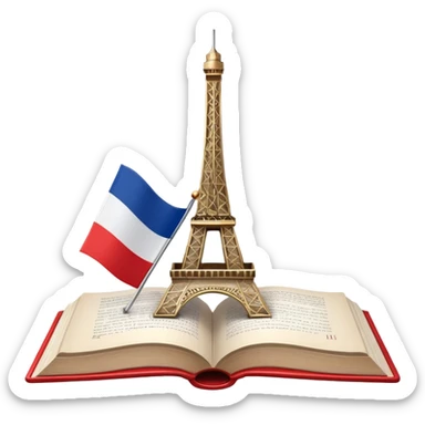 An icon featuring the flag of France, symbolizing the French language. The design includes an open book and the Eiffel Tower behind, representing language learning and cultural elegance. Transparent background highlights the beauty of French heritage. sticker
