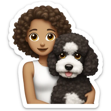 Tan girl with brown curly hair and brown eyes hugging a black and white poodle sticker