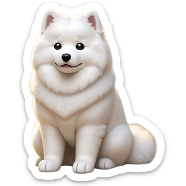 cinematic-[samoyed]-realistic-full-body-sitting-emoji,-tail-resting-loosely-beside-its-paws,-head-tilted-dramatically, -fluffy-[white]-fur,-simplified-yet-realistic-focused-features,-highly-detailed,-glowing-with-an-almost-sarcastic-glow sticker