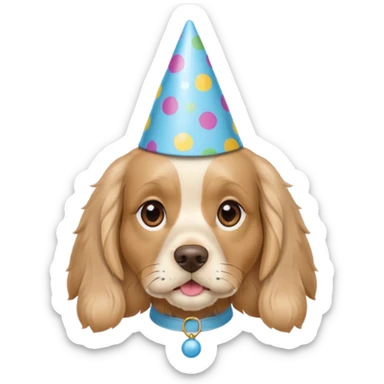 Light Beige cocker spaniel, light blue eyes, wearing a party hat sticker