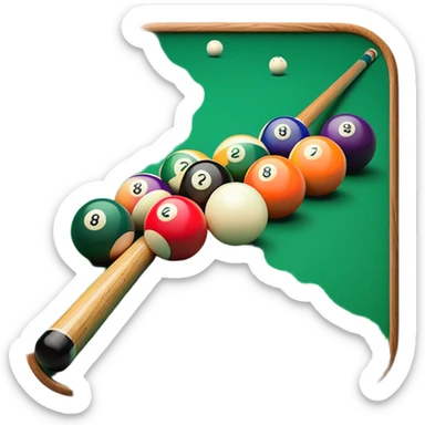 A close-up of a pool cue aimed at a set of colorful billiard balls resting on a green felt table. The focus is on the cue stick and the arrangement of balls, with subtle details of the game’s texture and atmosphere, emphasizing the precision and skill of billiards. sticker