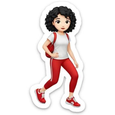 generate a pretty bratz fair skinned girl with curly black hair wearing a white tshirt trekking on a hill with red sneakers on and black leggings.  Put a hill behind her sticker