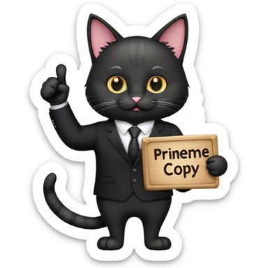 A cat in a black business suit holds a sign with the inscription "PrimeCopy" with one paw and shows a like with the other paw sticker