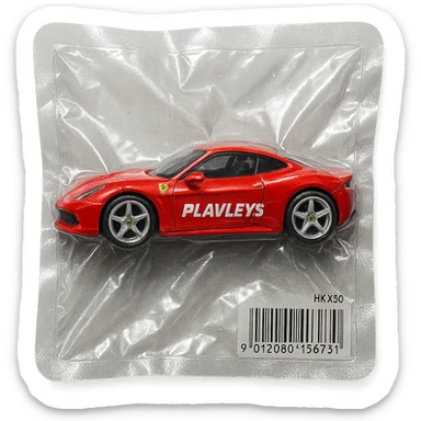 red Ferrari car with the word 'PLAVLEYS' on the side, inside a Hot Wheels style blister package, glossy and puffy, no background sticker