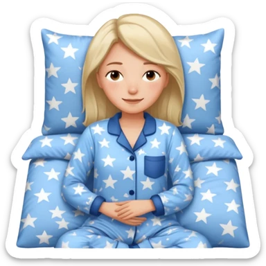 {
      "type": "human",
      "look": "woman in star-print pyjamas, soft blue set, sleepy smile",
      "description": "a woman in soft blue star-print pyjamas smiling sleepily"
    } sticker