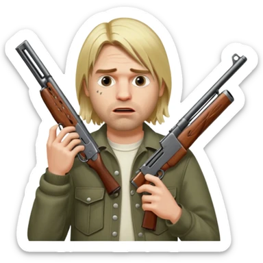 Kurt Cobain thoughtfully holds a double-barreled shotgun aimed at his open mouth. sticker