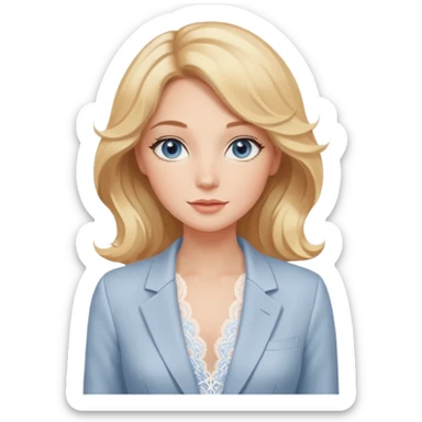 Telegram-style sticker pack of a gentle woman with fair skin, wavy honey-blonde hair, and calm gray-blue eyes. She wears blush lace lingerie and a white blazer, radiating warmth and confidence. Stickers are lively, bright, and expressive, with a soft romantic tone. sticker
