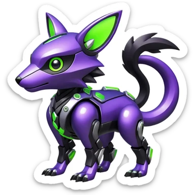Futuristic modern mechanical badass cool shiny metallic alloy black-obsidian purple neon-green white lime animal hybrid Fakemon full body sticker