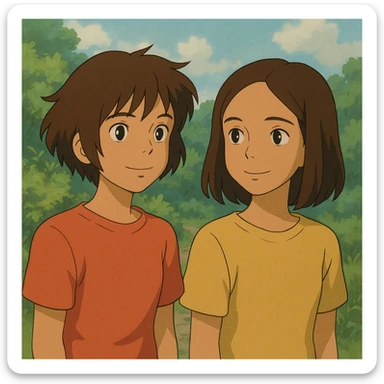 dos chicas, una con pelo corto desmechado en capas hasta la barbilla, castaña, piel morena; la otra con pelo lacio hasta el hombro, castaña, piel morena, estilo ghibli sticker