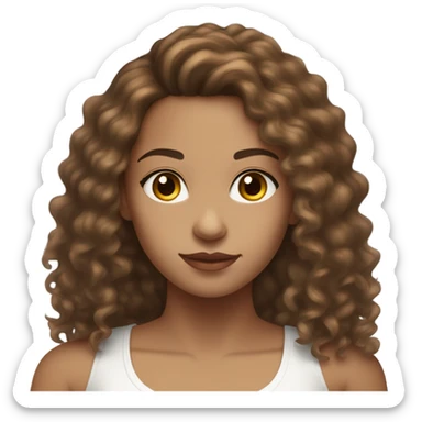 a light skin bi racial young woman with long brown curly hair dark brown eyes in a white tank top sticker