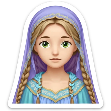 Joven de unos 20 años, de aspecto dulce y elegante.
Piel clara, ojos expresivos (pueden ser azules o verdes)
Rubio o castaño claro, largo, con trenzas o velo.
Vestido largo de tonos suaves (blanco, azul o lavanda), con bordados dorados; un manto o toca fina cubriendo la cabeza. sticker