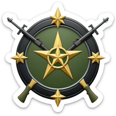 Insignia militar realista para videojuegos de guerra (estilo Delta Force), forma de escudo metálico con bordes desgastados. Incluye:

Símbolo: [fusiles cruzados / águila / estrellas / espada] Insignia redonda con fusil cruzado y una estrella, metal rayado, verde oliva y negro. sticker