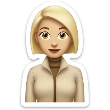 a bald girl wearing a white turtleneck sweater and a beige jacket out the sweater. She is bald sticker