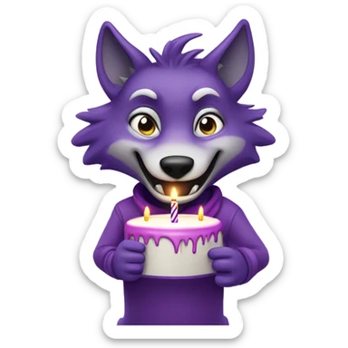 Purple, anthropomorphic wolf blowing out birthday candles sticker