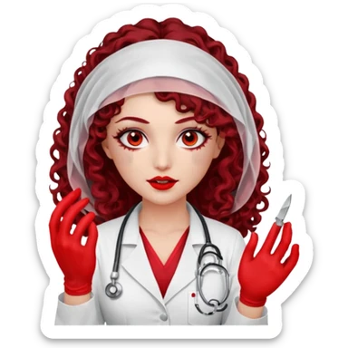 Lilith scalpel in hand, evil surgeon outfit.  She has red eyes. She has dark brown curly hair. Hair is long . Wears sexy doctor outfit with red gloves. Covers nose, neck and mouth with Muslims  sticker