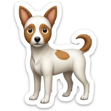 a full body large white floppy eared parson russell looking dog the size of a kelpie with light brown ears and a light brown patch on one eye and a large snout sticker