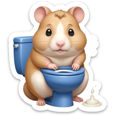 Cute chubby cartoon-style hamster sitting on toilet pooping looking as if he had an accident sticker