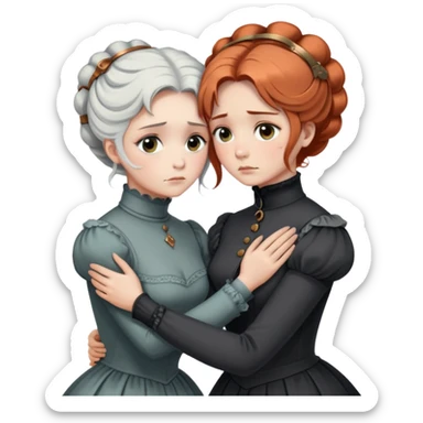 Two Victorian women in a sad intimate hug, one with white coiffed hair and one with copper coiffed hair, both with grey eyes, wearing Victorian turtleneck dresses sticker