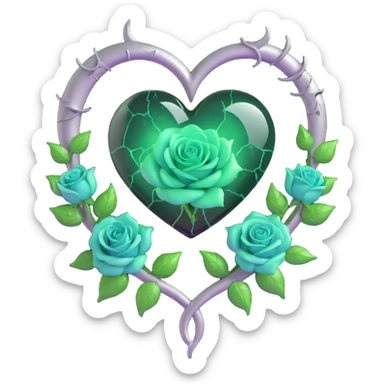 gothic heart made of smoky onyx glass, silver crescent moon, glowing emerald roses, holographic stardust, neon green lightning, wet and cracked glass sticker