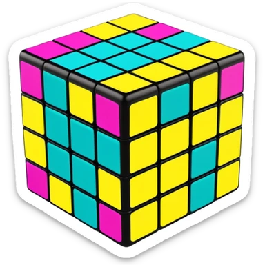 A 3x3 Rubik's Cube with 90s American graffiti-inspired colors, black edges, viewed from an angle, neon yellow, teal, and magenta sticker
