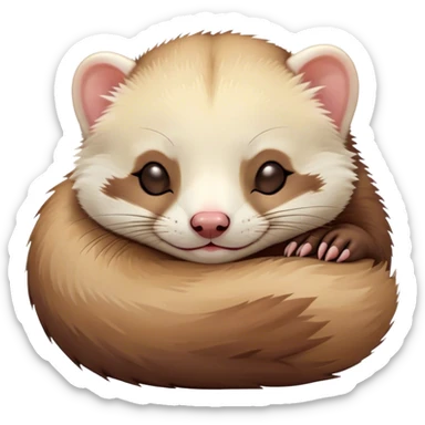 Meme-Worthy Cute Sleeping Ferret Portrait Emoji, Head resting peacefully with a contented smile, showcasing a long, flexible body curled up in cozy repose, luxuriously soft fur in warm brown and cream, and eyes gently closed in serene slumber, Simplified yet hilariously adorable features, highly detailed, glowing with a soft, drowsy natural light, high shine, relaxed and utterly lovable, stylized with an air of playful laziness, bright and heartwarming, soft glowing outline, capturing the essence of a sleeping ferret that feels destined to become the next viral sensation of adorable rest! sticker