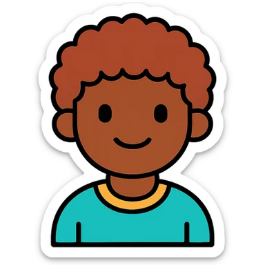 Make the Black kid's hair fluffy, keep the simple and friendly lineal color icon with black outlines style, no background. sticker