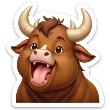 Cinematic Cute Yawning Brown Bull Portrait Emoji, Head tilted slightly with a dramatic, wide-open yawn, showcasing a smooth, rich brown hide with a subtle texture, floppy ears slightly drooping, round dark eyes barely open in drowsy contentment, Simplified yet irresistibly adorable features, highly detailed, glowing with a soft, cozy glow, high shine, relaxed yet expressive, stylized with a touch of rugged whimsy, bright and endearing, soft glowing outline, capturing the essence of a sleepy yet affectionate guardian, so drowsy it feels like it could charge right out of the screen and curl up for a nap! sticker