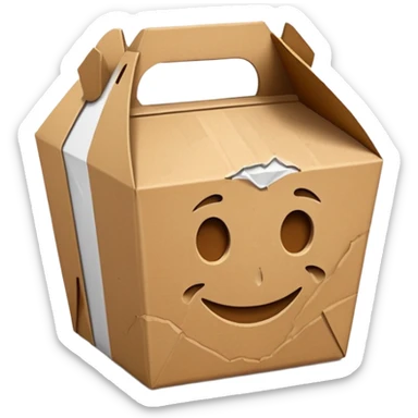 takeout box that looks like it has been in a trash can, no faces, no people, just non alive objects sticker