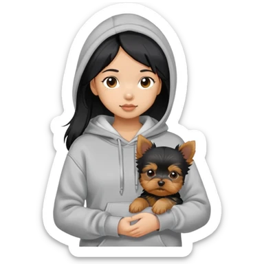 a black-haired asian girl in a gey hoodie with a yorkie puppy sticker