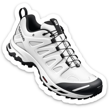 Pure white Salomon XT-6 shoes with zero colored elements, one arranged behind the other, minimal iOS emoji aesthetic, clean white sneakers sticker