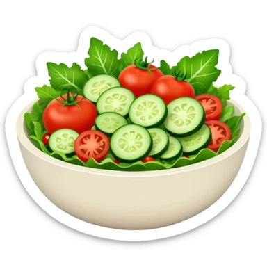 Salads avatar in clean emoji-style illustration. Fresh salad bowl with greens, tomatoes, cucumber, bright green tones, simple shapes, flat design, high contrast, light and healthy. sticker