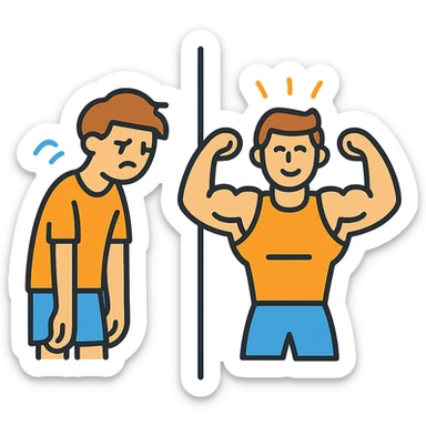 in the picture is devided in to two parts, at the first the sportsman is weak and lazy, but at the second picture the same sportsman is very strong because he doing a workout regularly sticker