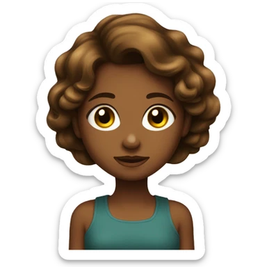 menina pele beje clara com olho castanho escuro, cabelo no ombro castanho ondulado e com um cachorro grande dourado. sticker