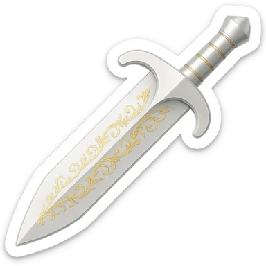 Recolor this weapon to a very light metallic silver color with subtle, elegant gold engravings, matching the gold tone and style of the provided silver shield reference. The gold should be soft and not too yellow or green. Transparent background. sticker