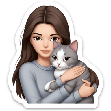 Kendall Jenner long hair with fashion outfit hug one grey white cat sticker