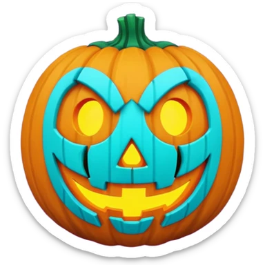 futuristic glowing jack-o-lantern emoji face, purple and cyan carved glow, dark background sticker