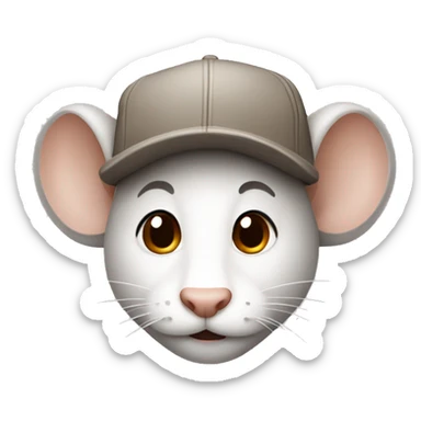 Light grey or white Mouse emoji with dark brown undercut hair and a beige cap sticker