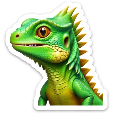 Cinematic Realistic Cute Iguana Portrait Emoji, Head tilted playfully and inquisitively, featuring a compact, agile build with a glossy, intricately scaled body in vivid green hues and a characteristically expressive face with bright, curious amber eyes, rendered in lifelike detail with natural highlights, high shine, affectionate and lively, styled with a touch of tropical whimsy, soft glowing outline, capturing the essence of a mischievous yet lovable iguana that seems poised to scurry out of the screen into your arms! sticker