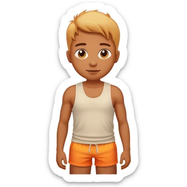 Emoji-style person in beach shorts with sunburned shoulders and chest, tank top outline for a sunburn, cute rounded features, soft shading, vibrant colors sticker