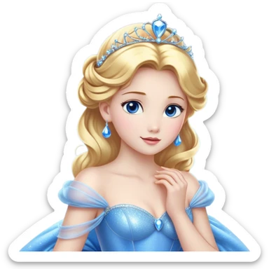 Cinematic Stunning Cinderella Portrait Emoji, Radiant in her sparkling blue ball gown, golden hair in a perfect updo, soft blue eyes full of wonder, glistening tiara, glowing with an ethereal beauty, regal yet kind, a dreamlike aura surrounds her, capturing the essence of a fairy tale princess, elegant and breathtaking! sticker