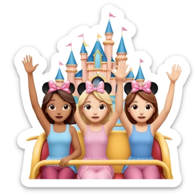4 chicas montadas en una atraccion de levantando la mano con orejas de Disney puestas en una atracción sticker