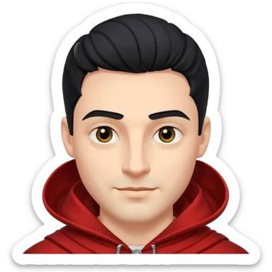 A handsome man with fair complexion. masculine, roman, slightly crooked nose. Thick triangular eyebrows. Hooded eyes and black pupils.  smily lips with a heavy top lid.  thick black hair  80/20 part with an undercut.  sticker