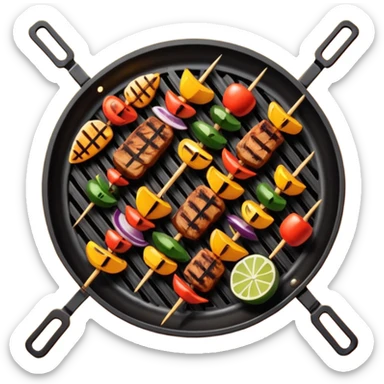 Grilled dishes avatar in bright emoji-style illustration. Skewers, BBQ, and grilled vegetables, warm fire tones, simple shapes, flat design, high contrast, tasty and inviting. sticker