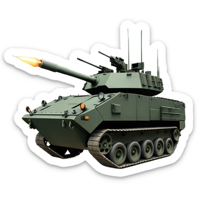 Stryker M1126 (2020) – Cinematic-realistic Stryker M1126 armored personnel carrier, its dark grey-green hull speeding down a war-torn street. The eight large wheels grip the cracked pavement as infantry hunker inside, the turret-mounted .50 cal machine gun scanning rooftops for threats under the eerie glow of distant fires. this tank has wheels and NOT TRACKS sticker